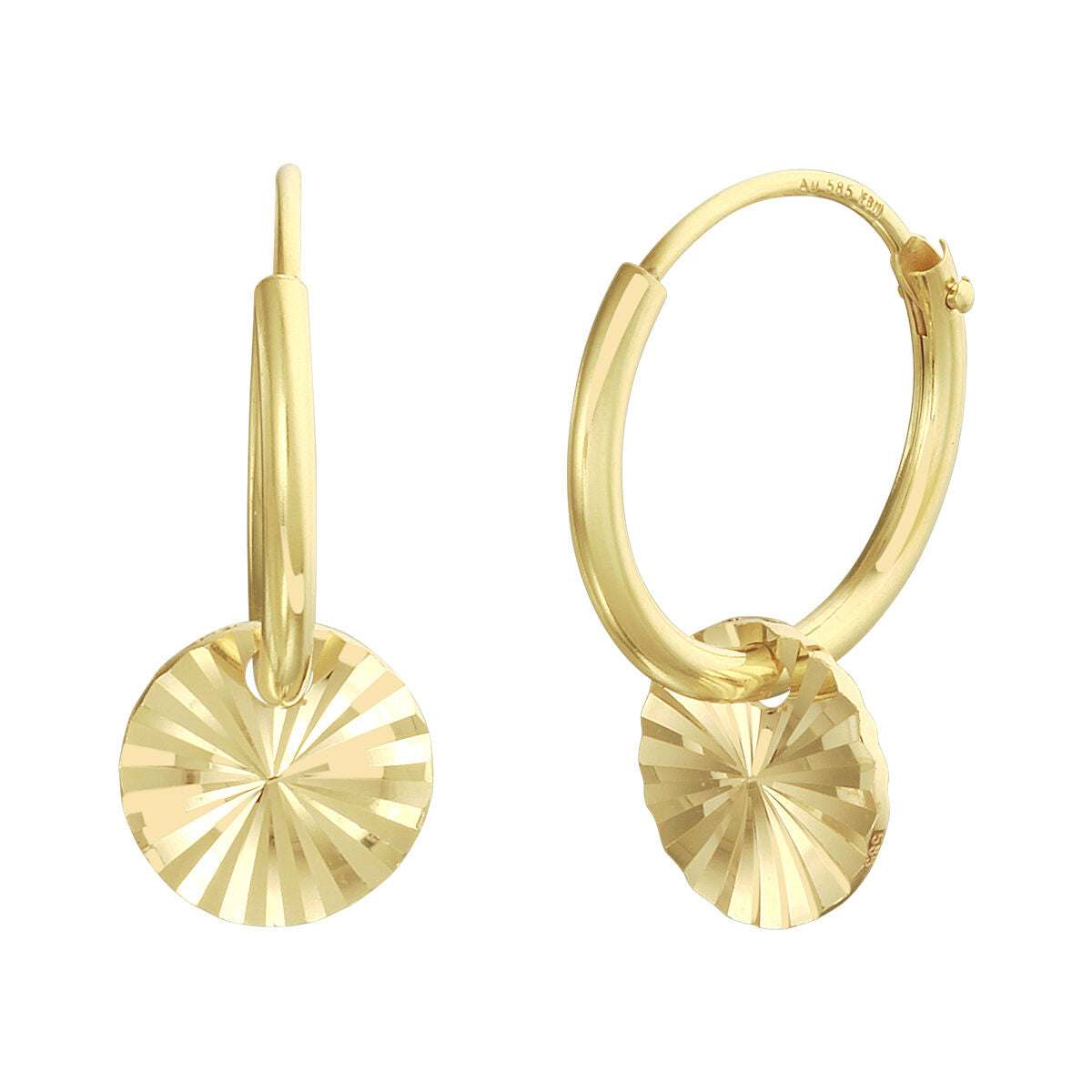 Boucles d'oreilles en or jaune 14K avec un motif rond et diamanté.