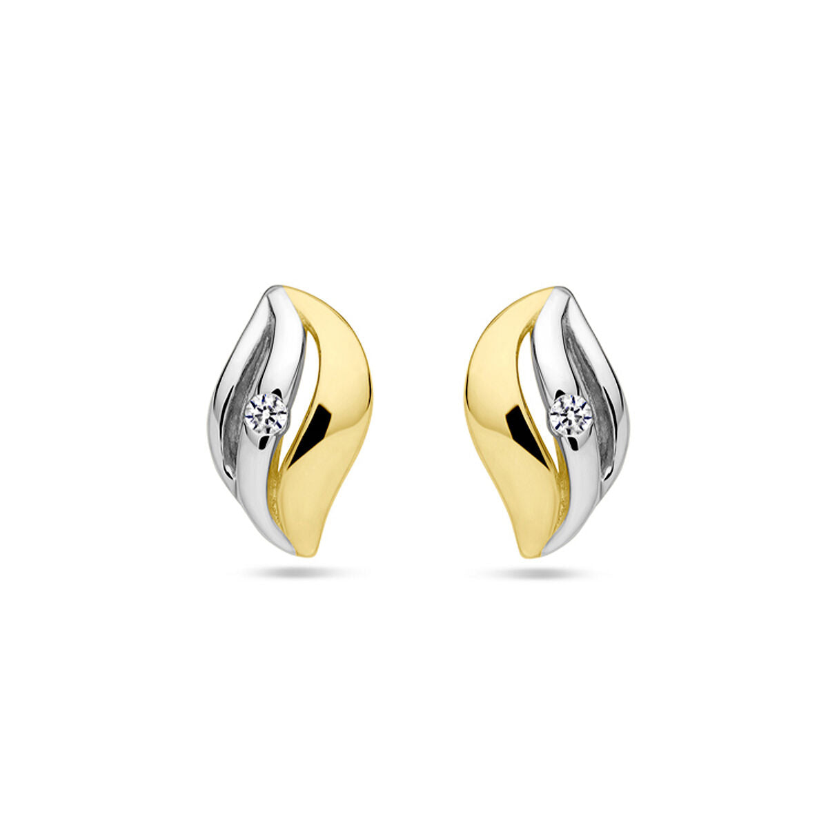 Boucles d'oreilles en argent doré avec zirkonia, en forme de feuilles, une partie jaune et une partie argentée.