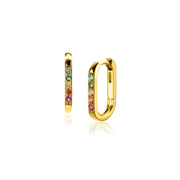 Boucles d'oreilles dorées avec des pierres multicolores.