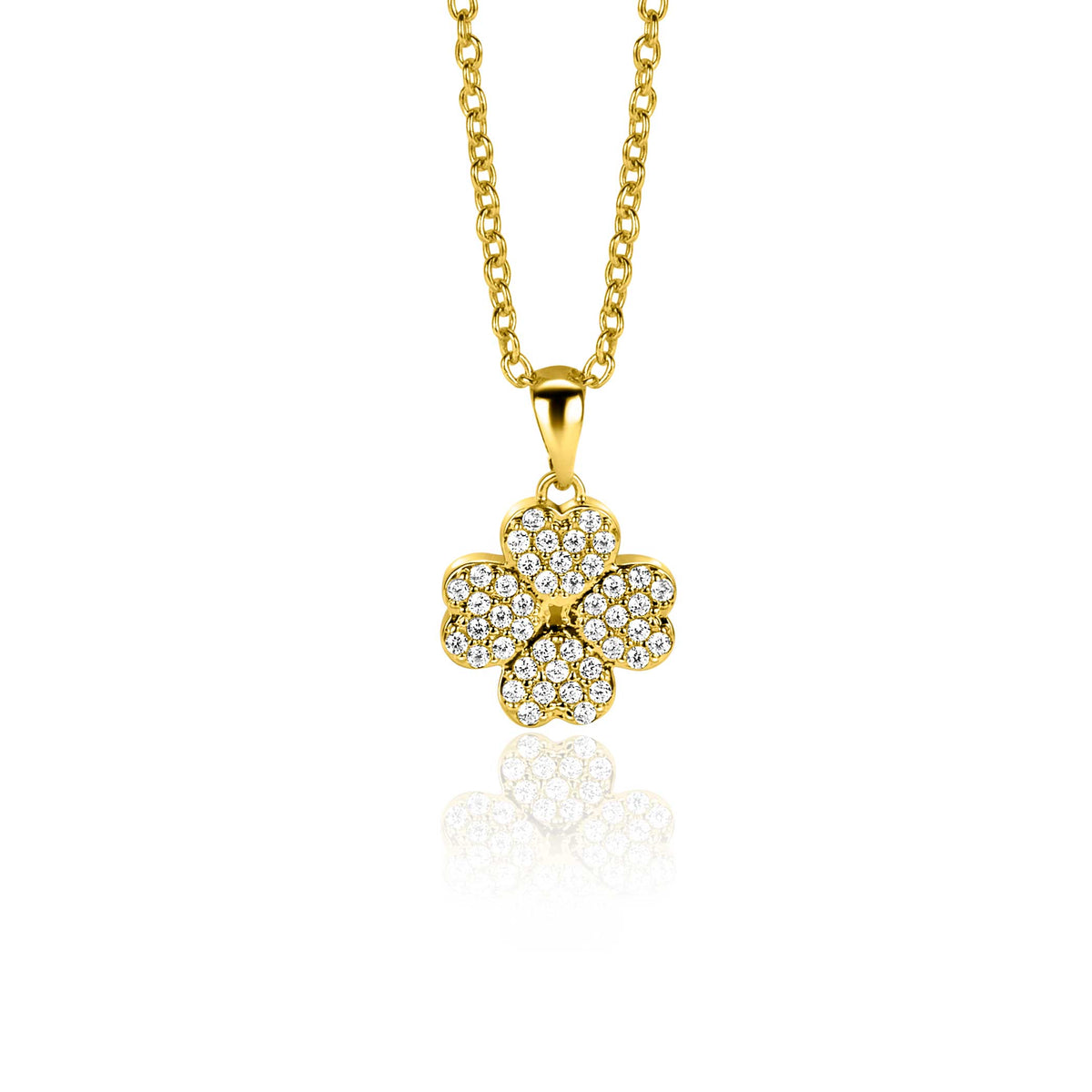 Pendentif doré en forme de fleur, orné de pierres scintillantes, suspendu à une chaîne délicate.