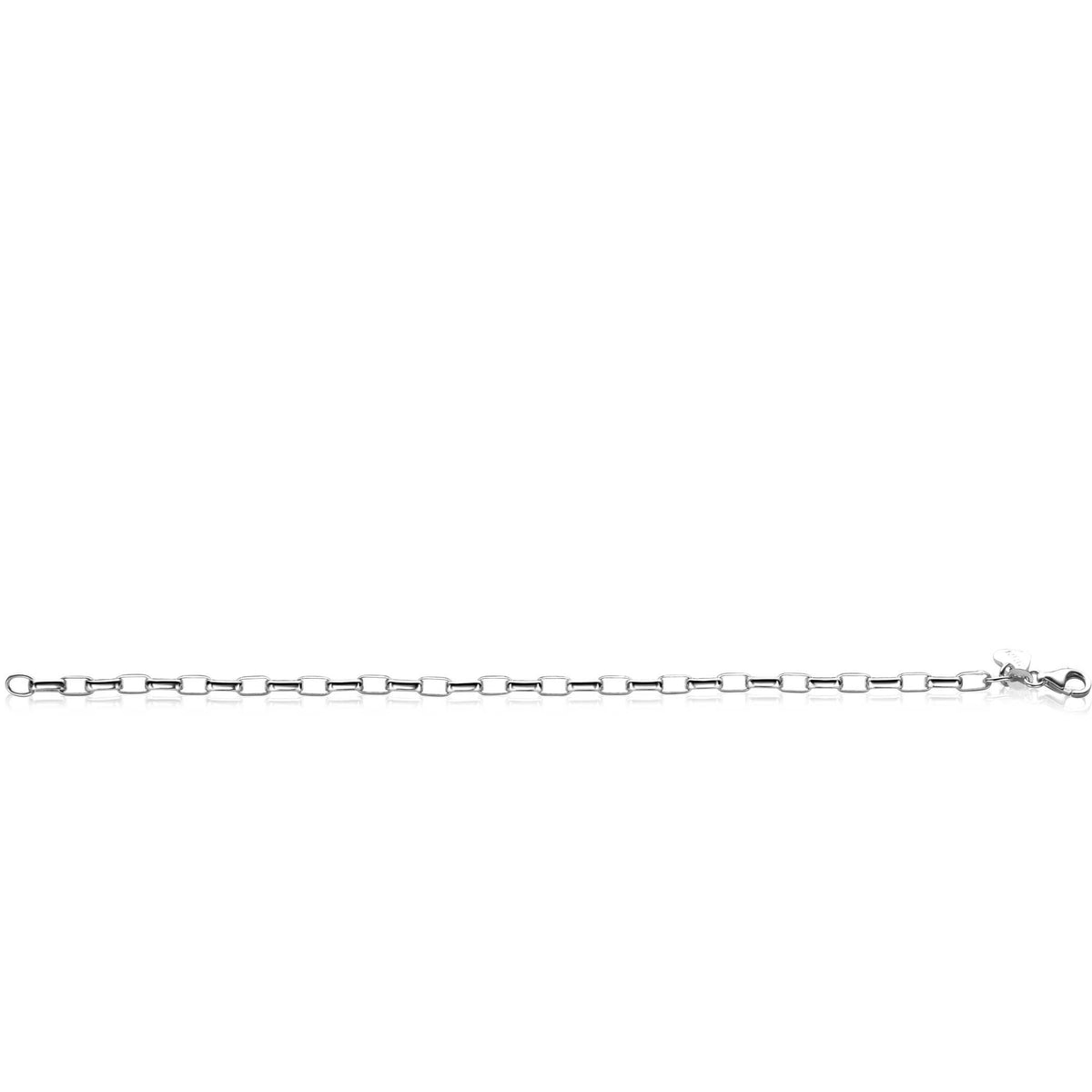 De Zinzi Armband zilver ZIA2514 van het merk Zinzi, gemaakt van het eerste gehalte zilver met rechthoekige schakels en een kleine sluiting, wordt horizontaal weergegeven op een effen witte achtergrond.