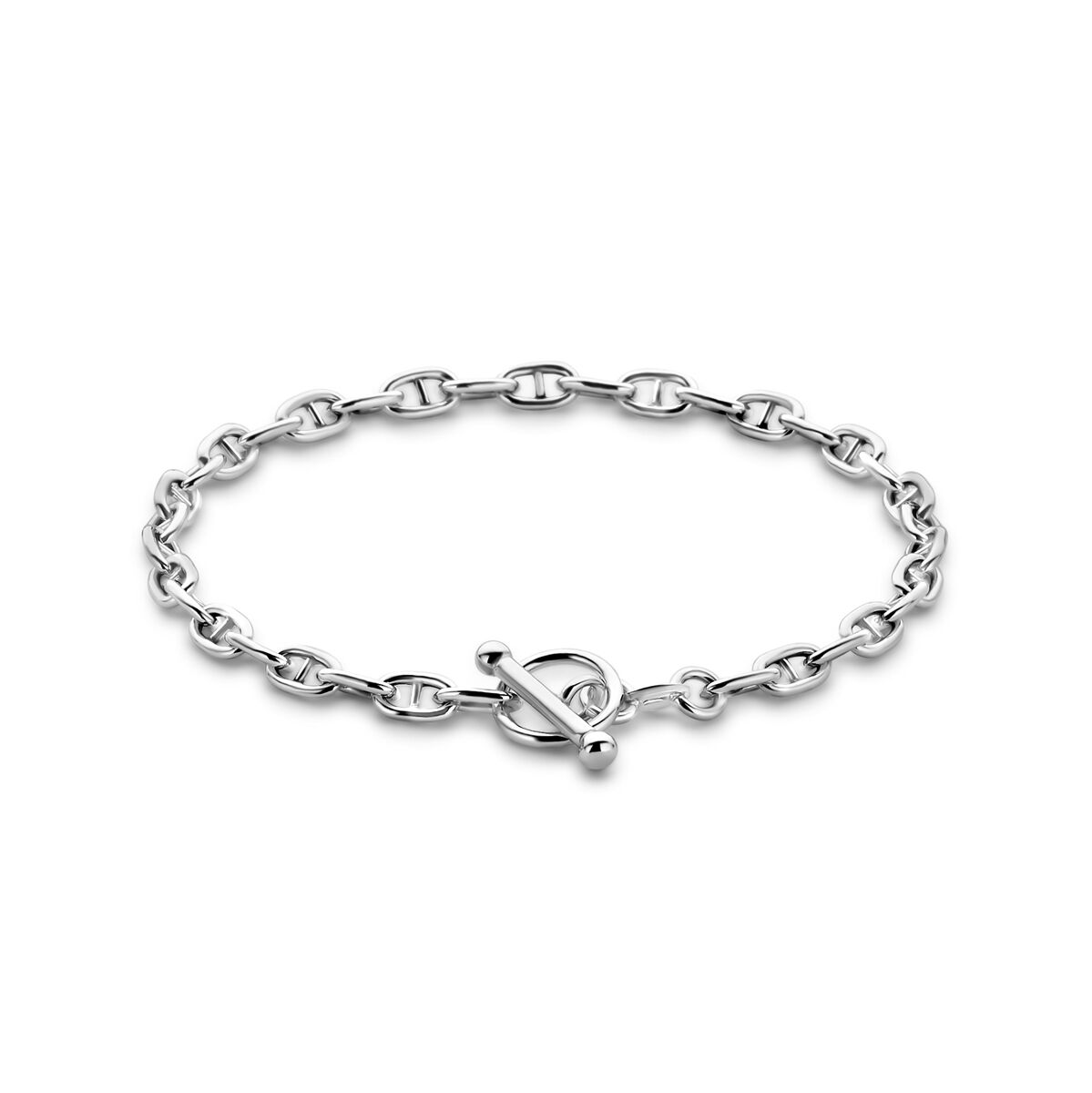 Bracelet en argent rhodié avec maillons ronds de 3,9 mm et fermoir à T, longueur 18,5 cm.