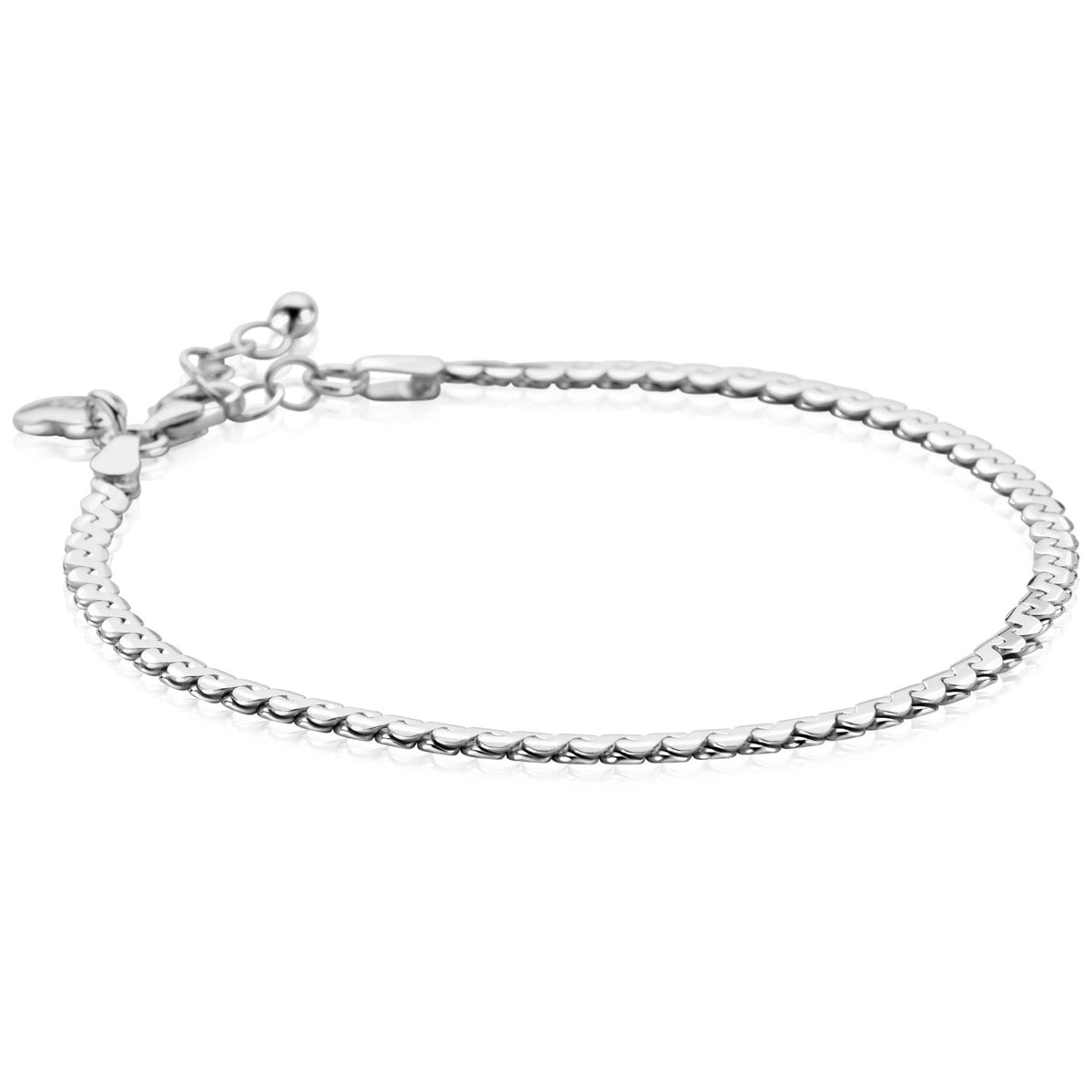 Bracelet en argent avec maillons ronds, longueur ajustable de 18 à 21 cm.