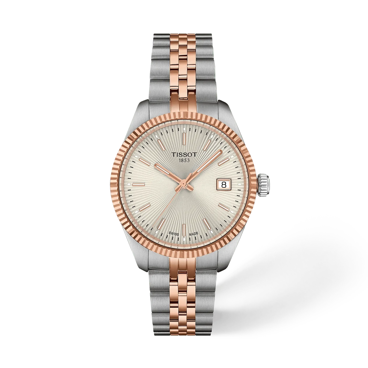 Montre Tissot avec boîtier en acier inoxydable et or rose, cadran argenté et bracelet à maillons.