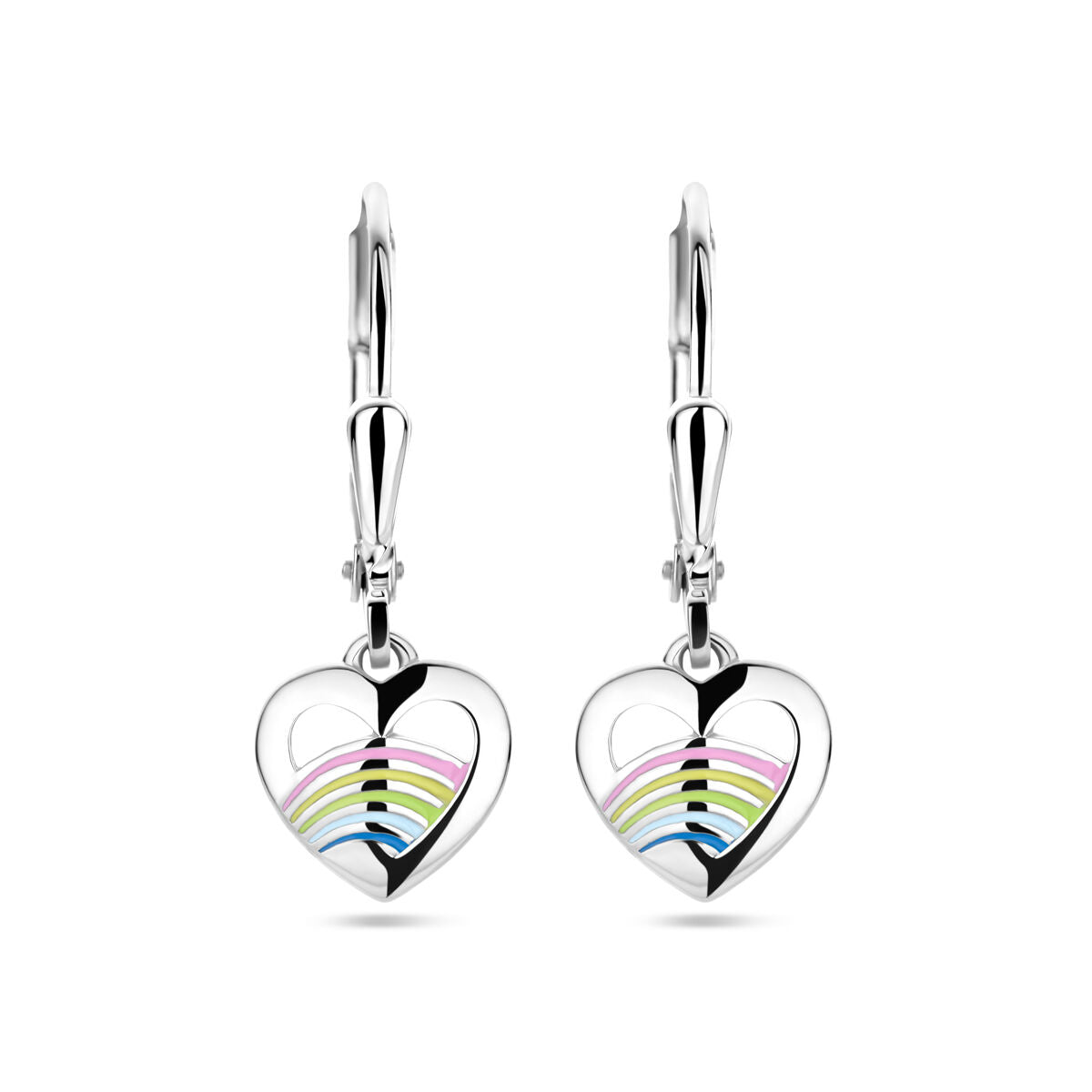 Boucles d'oreilles en forme de cœur en argent rhodié avec émail coloré.