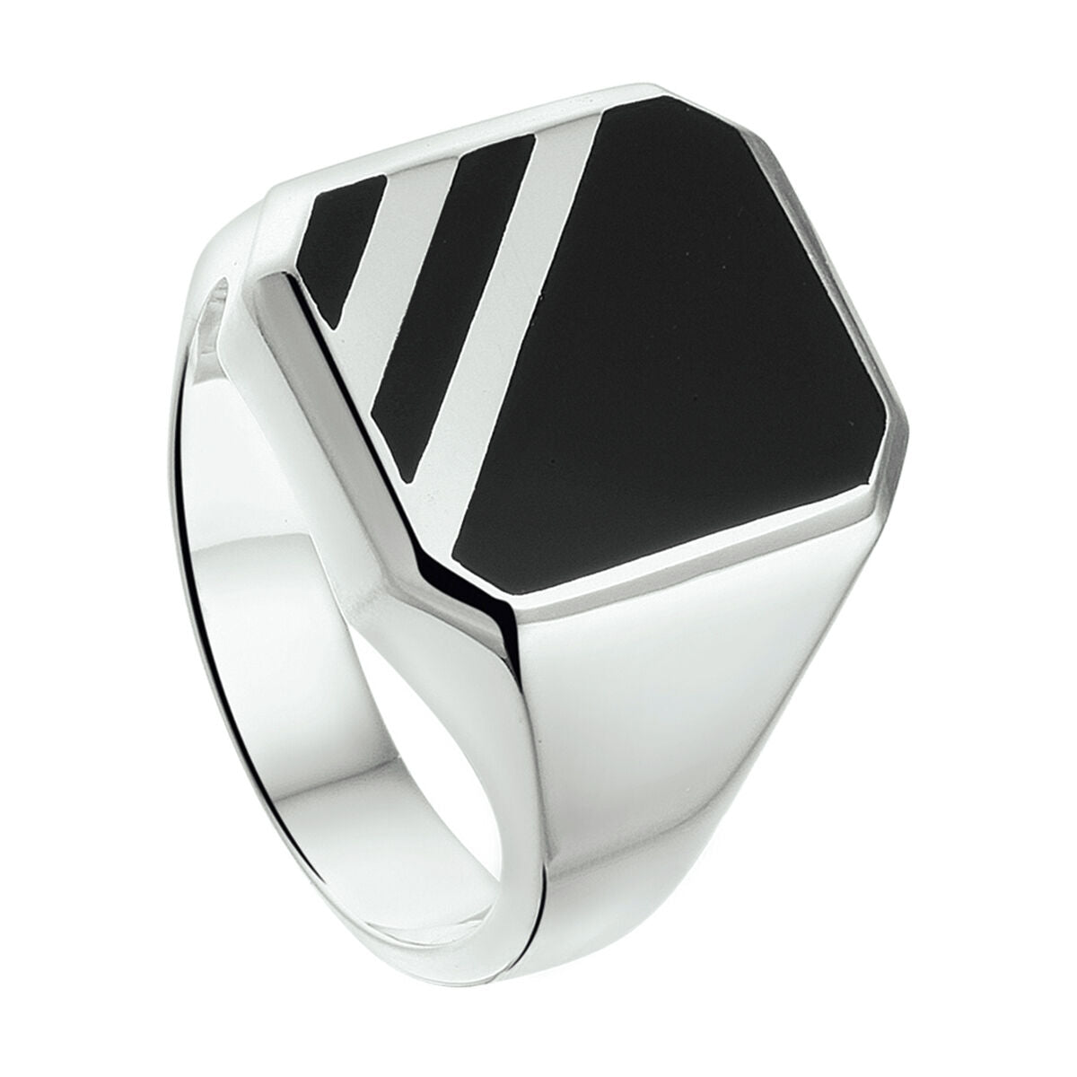Bague chevalière en argent avec un plateau en onyx noir et des détails géométriques.