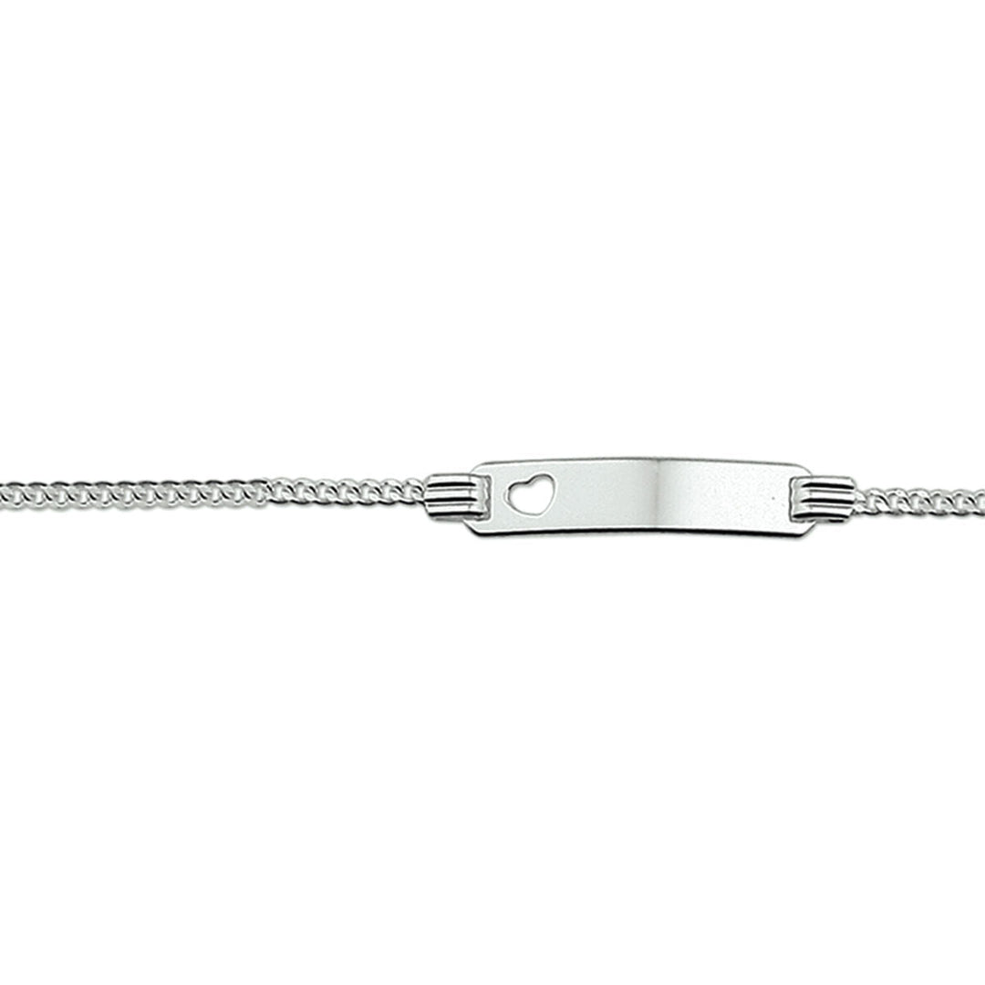 Bracelet gourmet en argent rhodié avec plaque gravable et détail en forme de cœur.