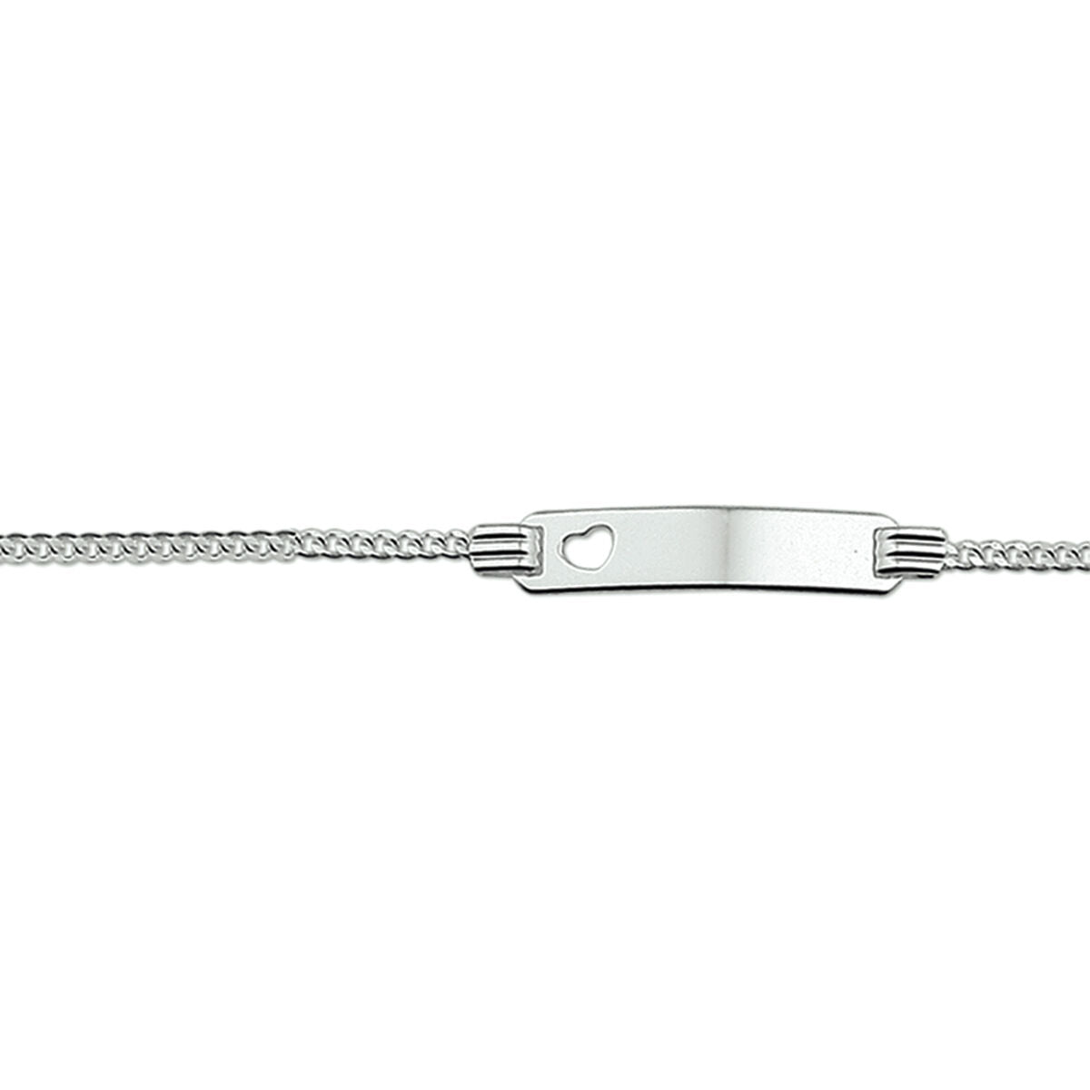 Bracelet gourmet en argent rhodié avec plaque gravable et détail en forme de cœur.