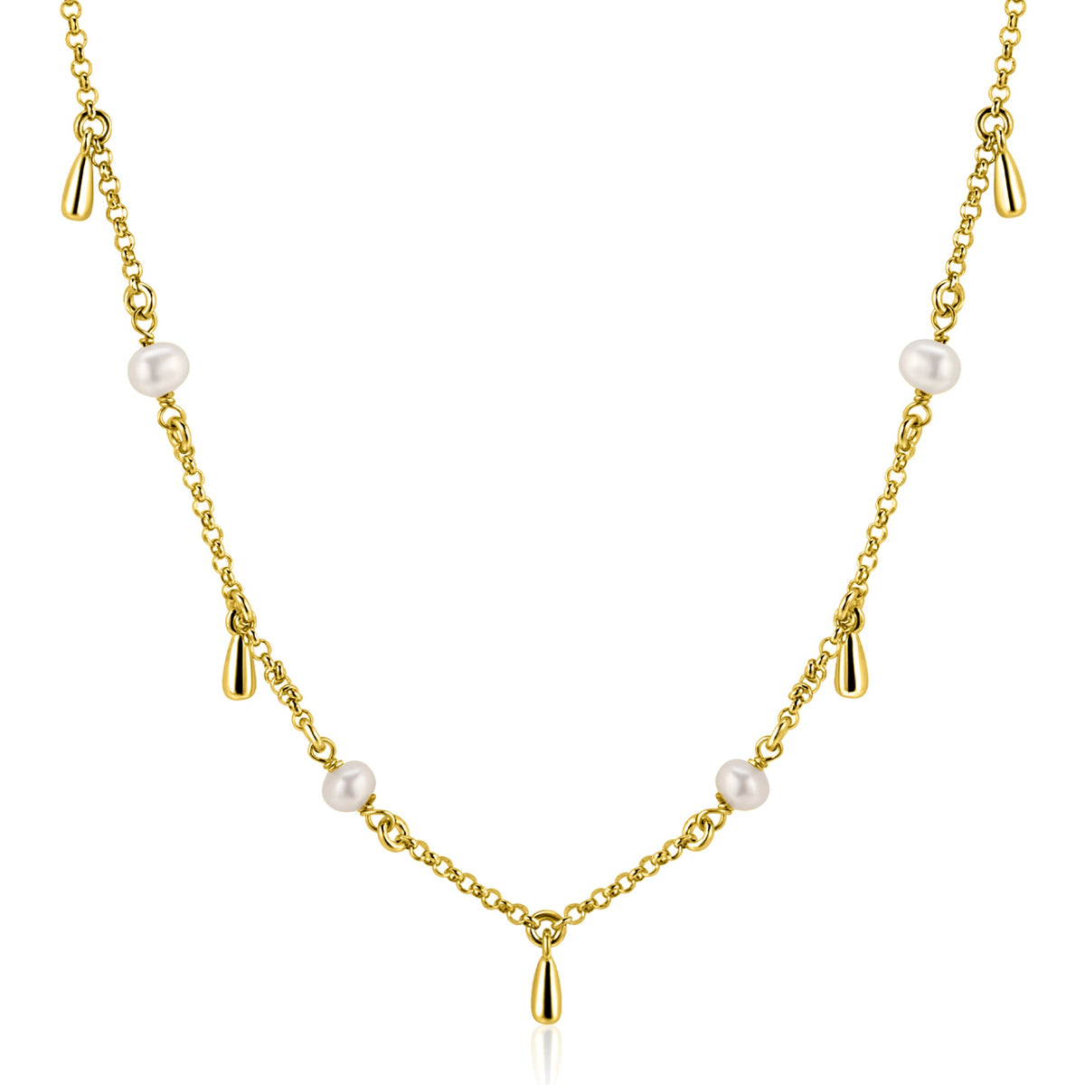 Collier doré avec des perles et des pendentifs en forme de goutte.