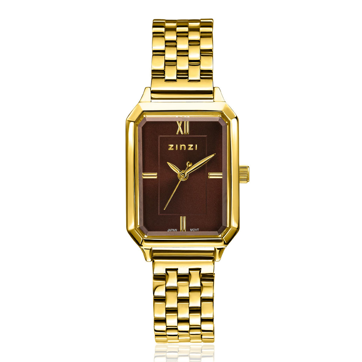 Montre dorée avec un cadran marron et un bracelet en maillons.