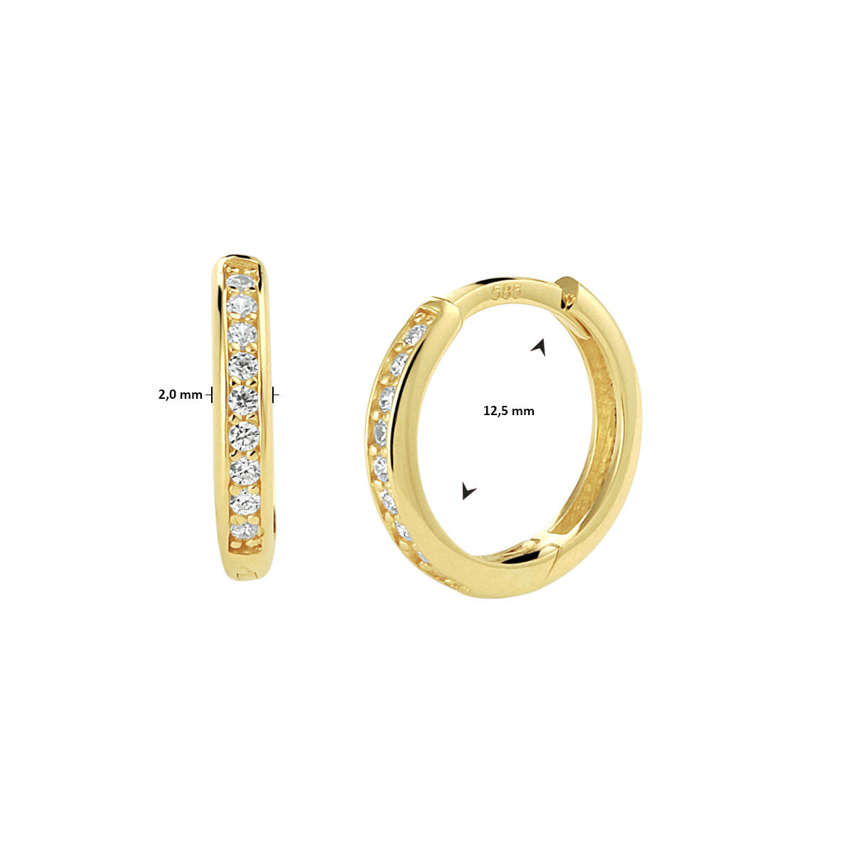 Van der Kooij Collectie klapoorringen zirkonia: 14k geelgoud met fonkelende zirkonia aan de voorkant, 2,0 mm breed en 12,5 mm diameter. Eén oorbel van voren en één van opzij getoond-perfect voor dames.