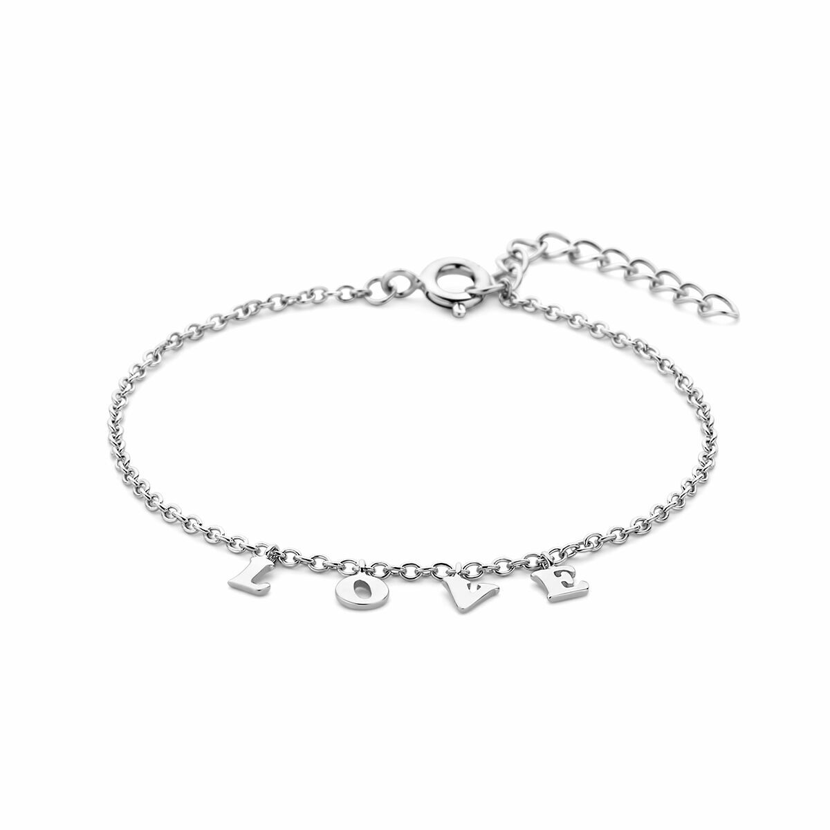 Bracelet en argent rhodié avec des lettres formant le mot "love".