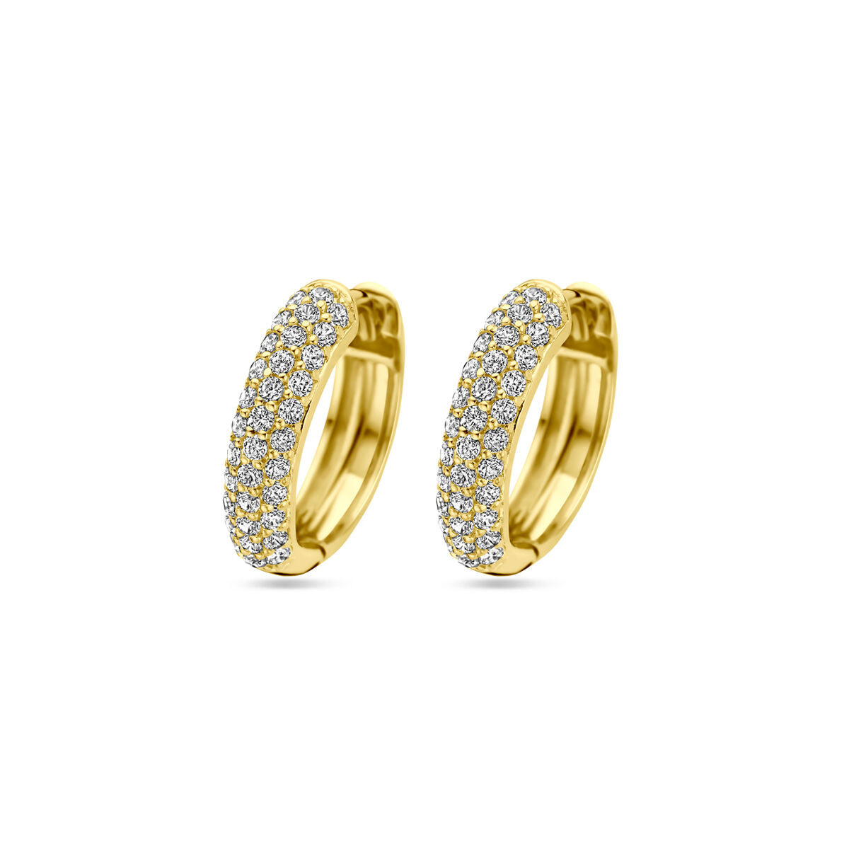 Boucles d'oreilles en argent doré jaune, ornées de zircons, de forme ronde et mesurant 15,5 mm.