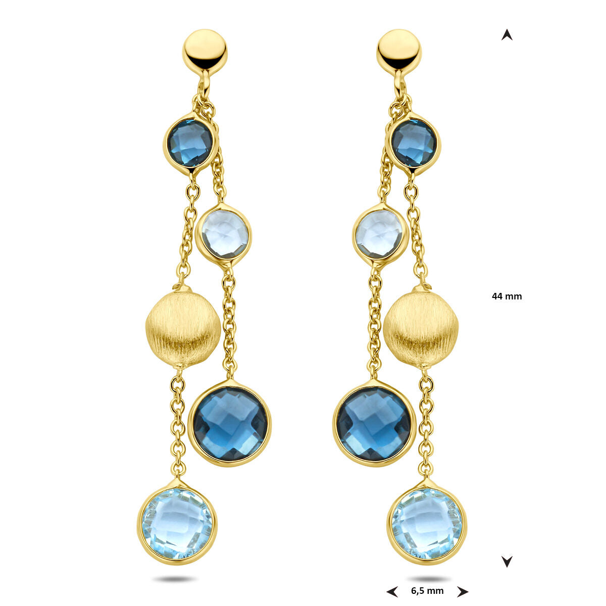 boucles d'oreilles cercles, topaze bleu ciel et topaze bleu london 44 mm or jaune 14K