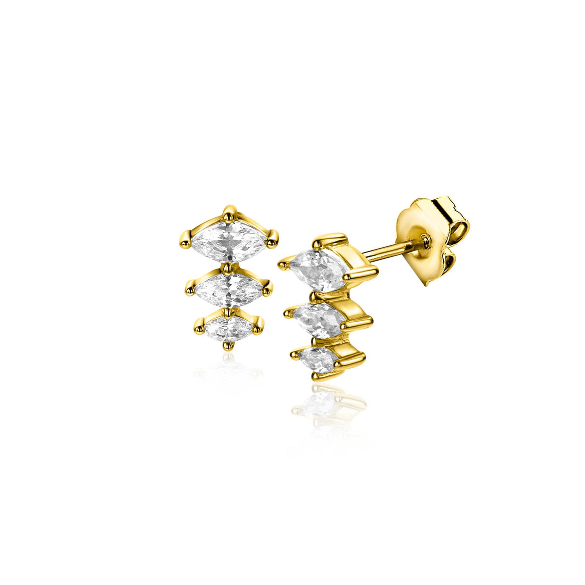Boucles d'oreilles en argent doré avec trois pierres brillantes en forme de marquise.