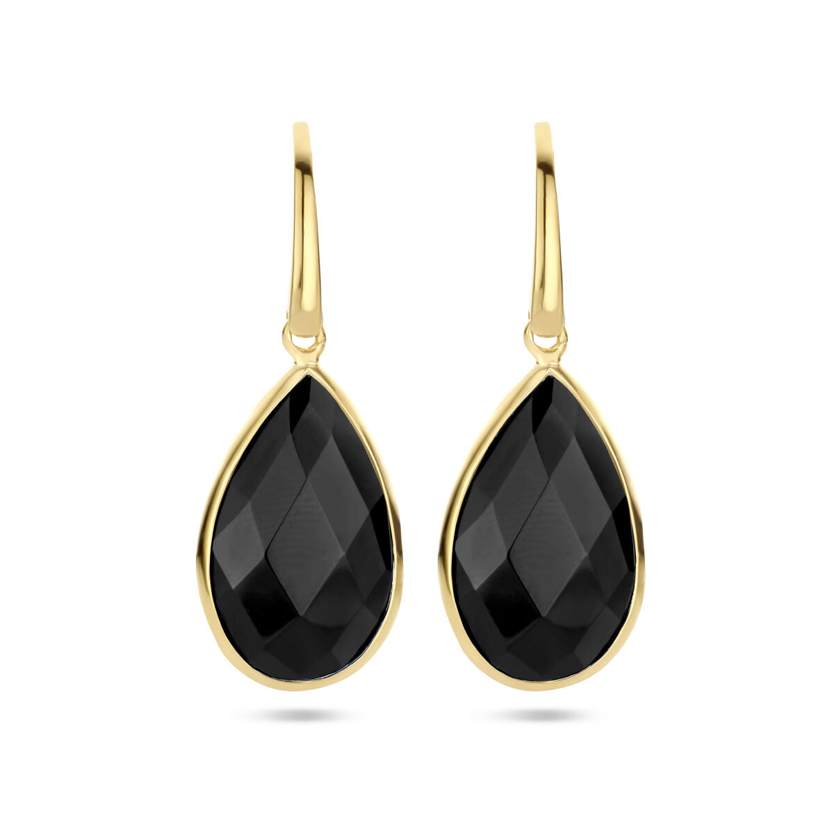 Boucles d'oreilles en onyx en forme de goutte, avec un crochet en argent doré.