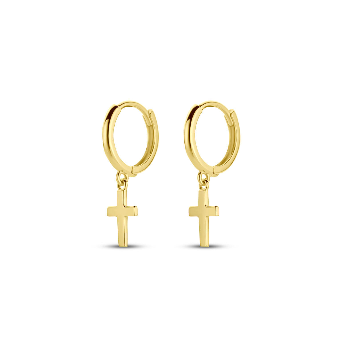 Boucles d'oreilles en or jaune 14K avec croix suspendue.