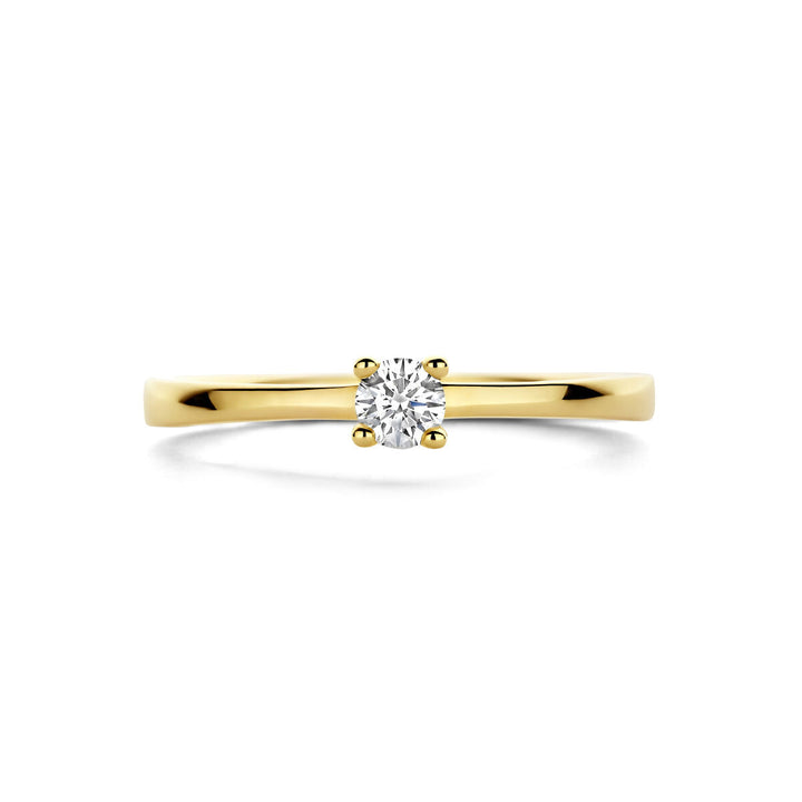 Van der Kooij Collectie ring diamant 0.15ct H SI in 14K geelgoud, solitaire ronde diamant in een vierpoots zetting tegen een witte achtergrond.