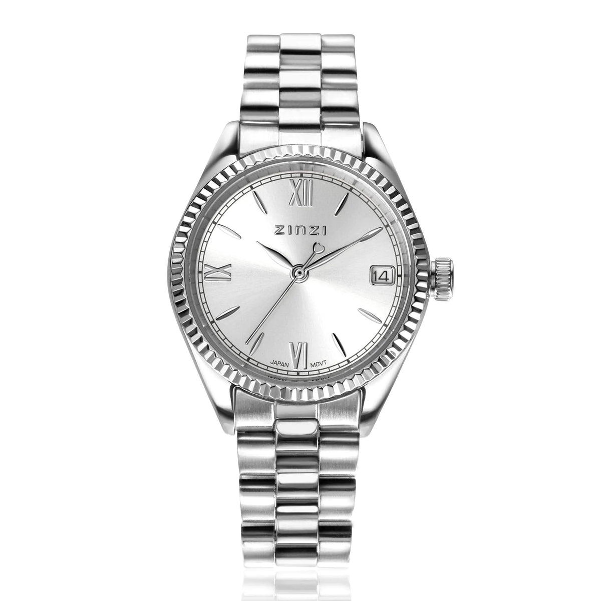 Montre en acier inoxydable argenté avec cadran argenté et index romains.
