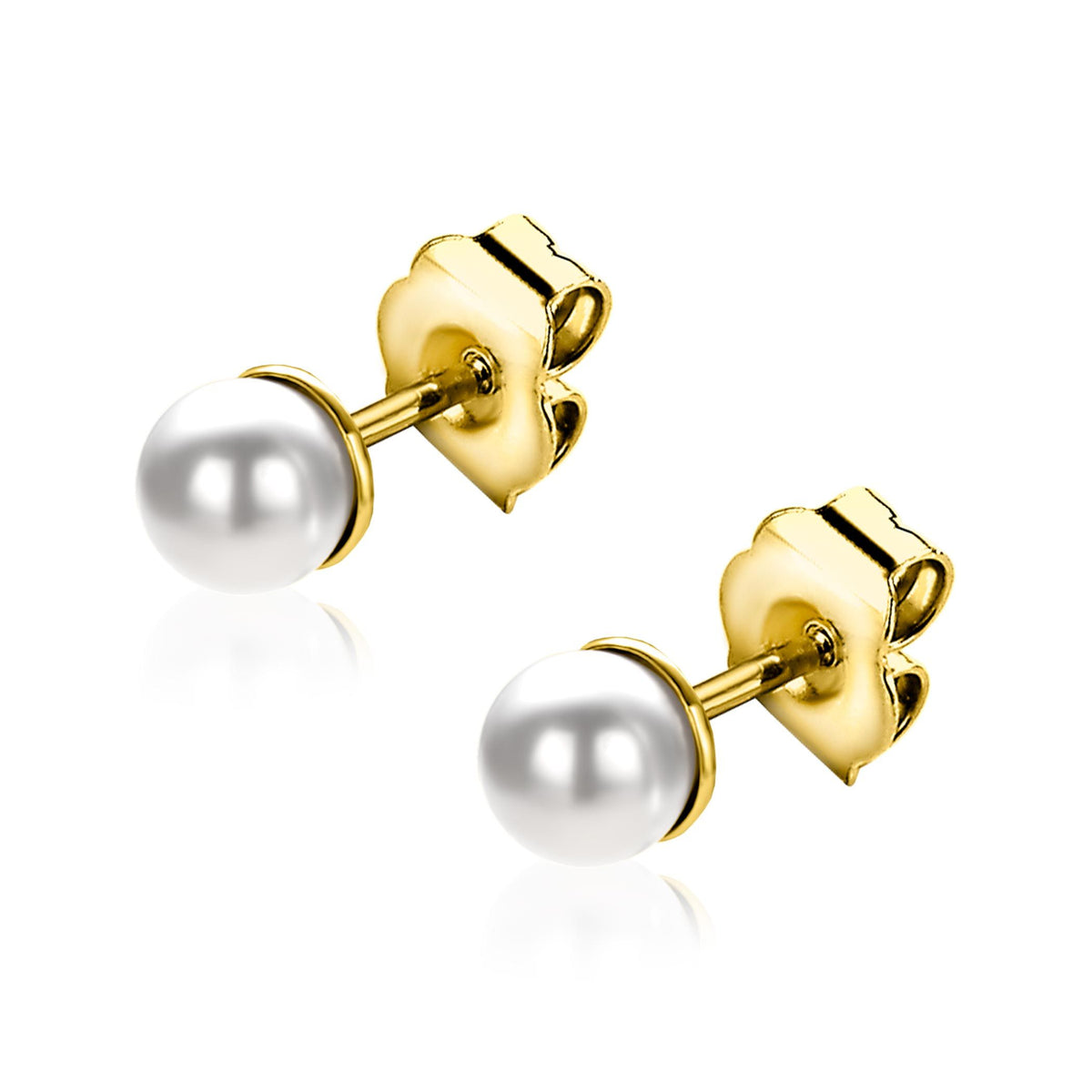 Boucles d'oreilles en plaqué or avec perles blanches et motif floral.