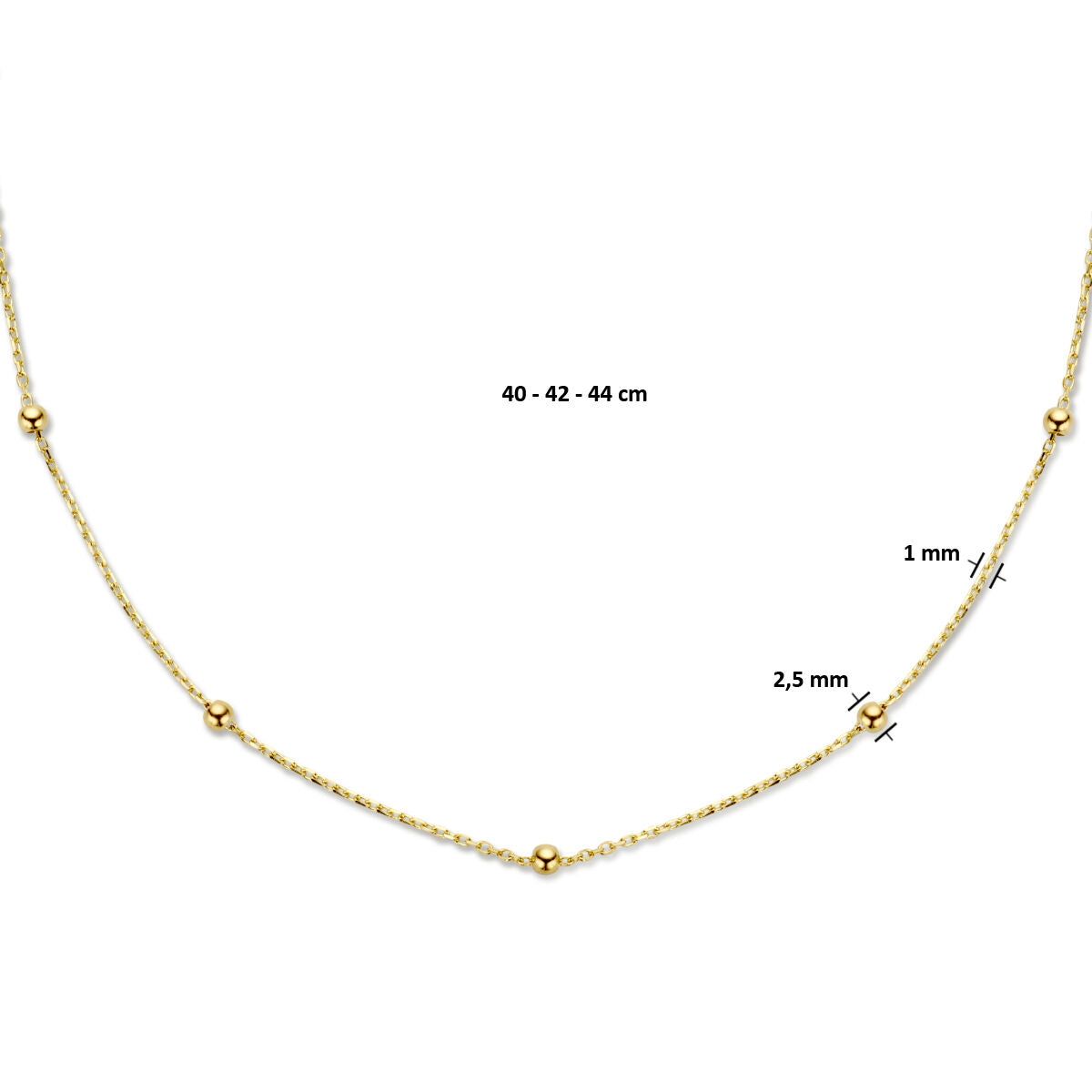 collier à billes 2,5 mm 40 - 42 - 44 cm or jaune 14K