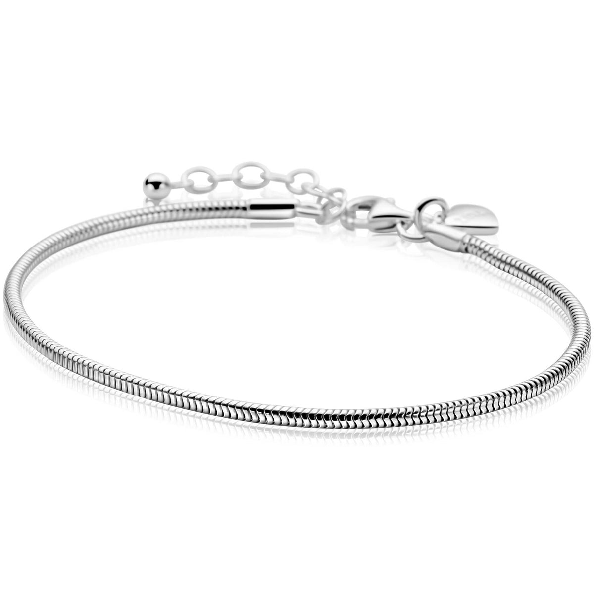 Bracelet argenté en forme de serpent, avec un fermoir et une chaîne d'extension.
