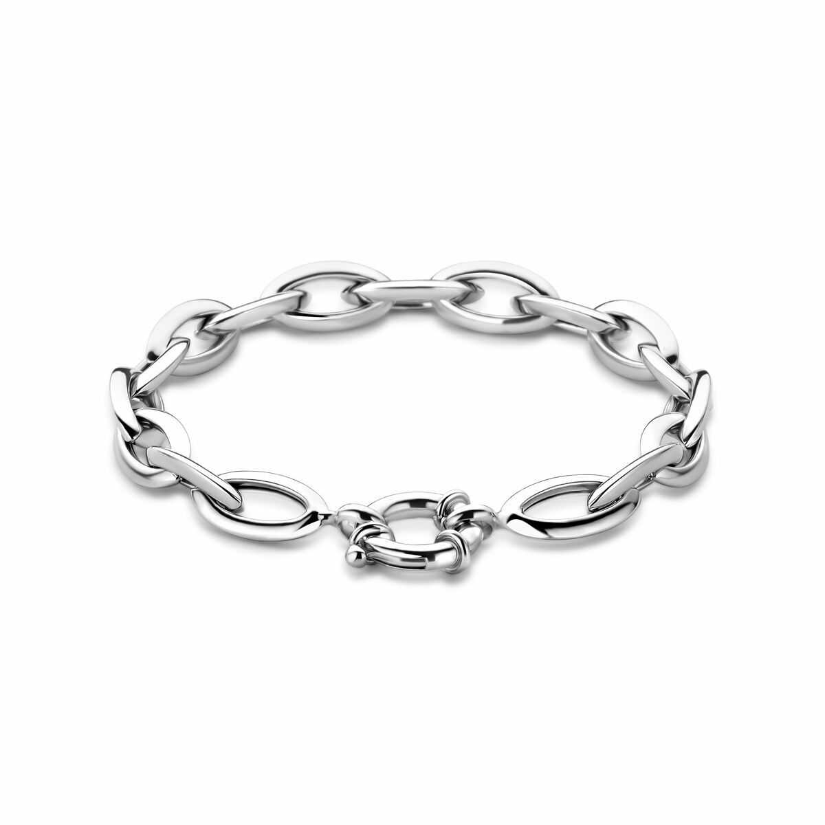 Bracelet en argent rhodié avec maillons ancrés de 9,5 mm et grand fermoir à ressort, longueur 20 cm.