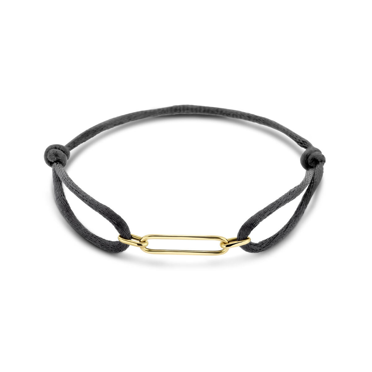 Bracelet en satin noir de 13 à 26 cm avec un élément en or 14K et des cordons en caoutchouc/nylon.