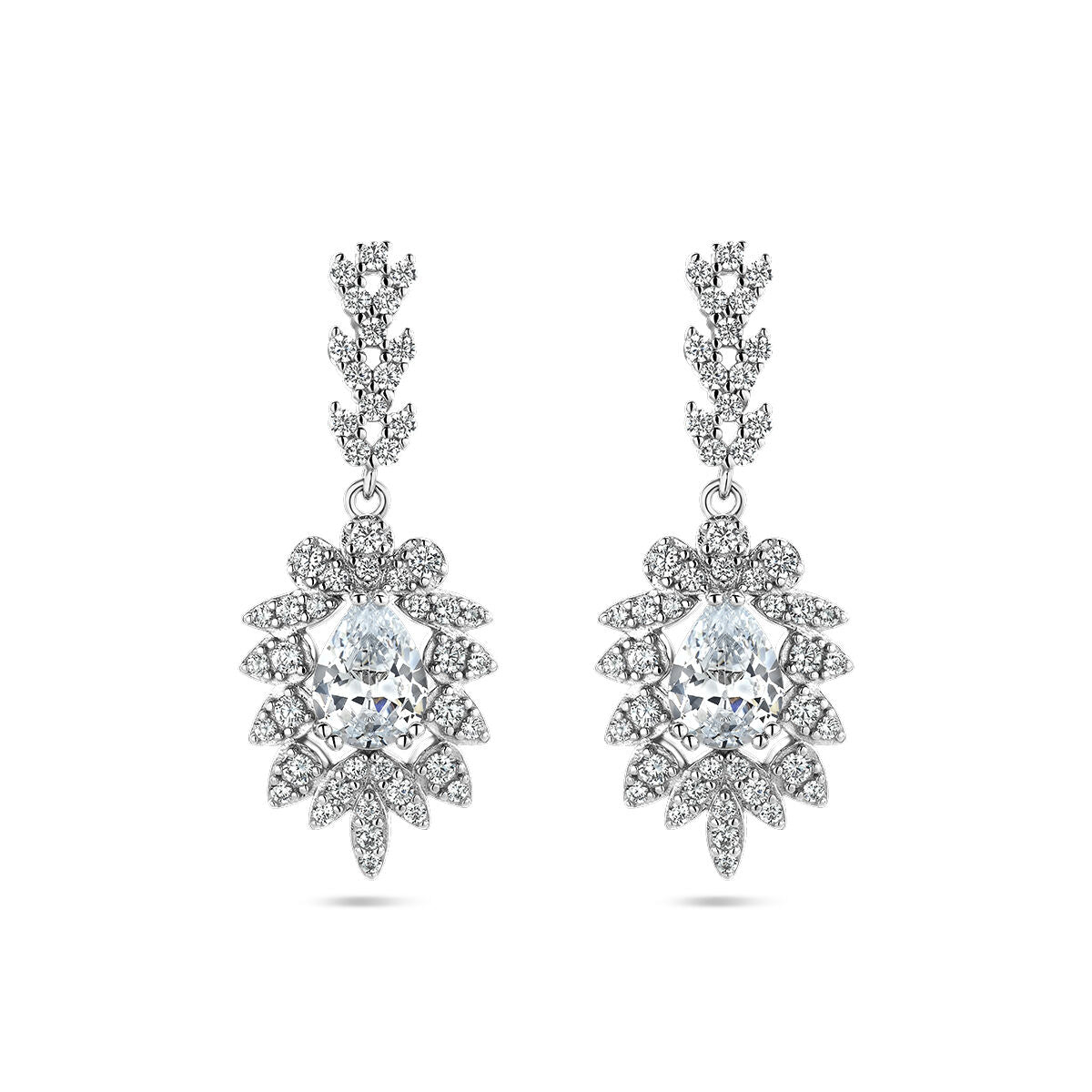 Boucles d'oreilles en argent rhodié ornées de zirconia, avec un design floral et des pierres brillantes.