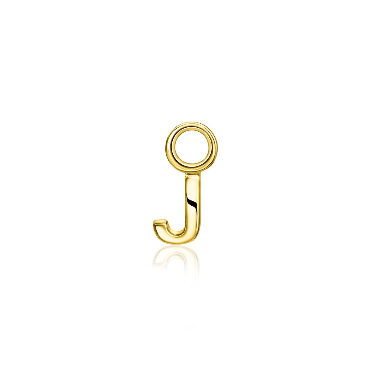 Boucle d'oreille dorée en forme de lettre J avec un détail circulaire.