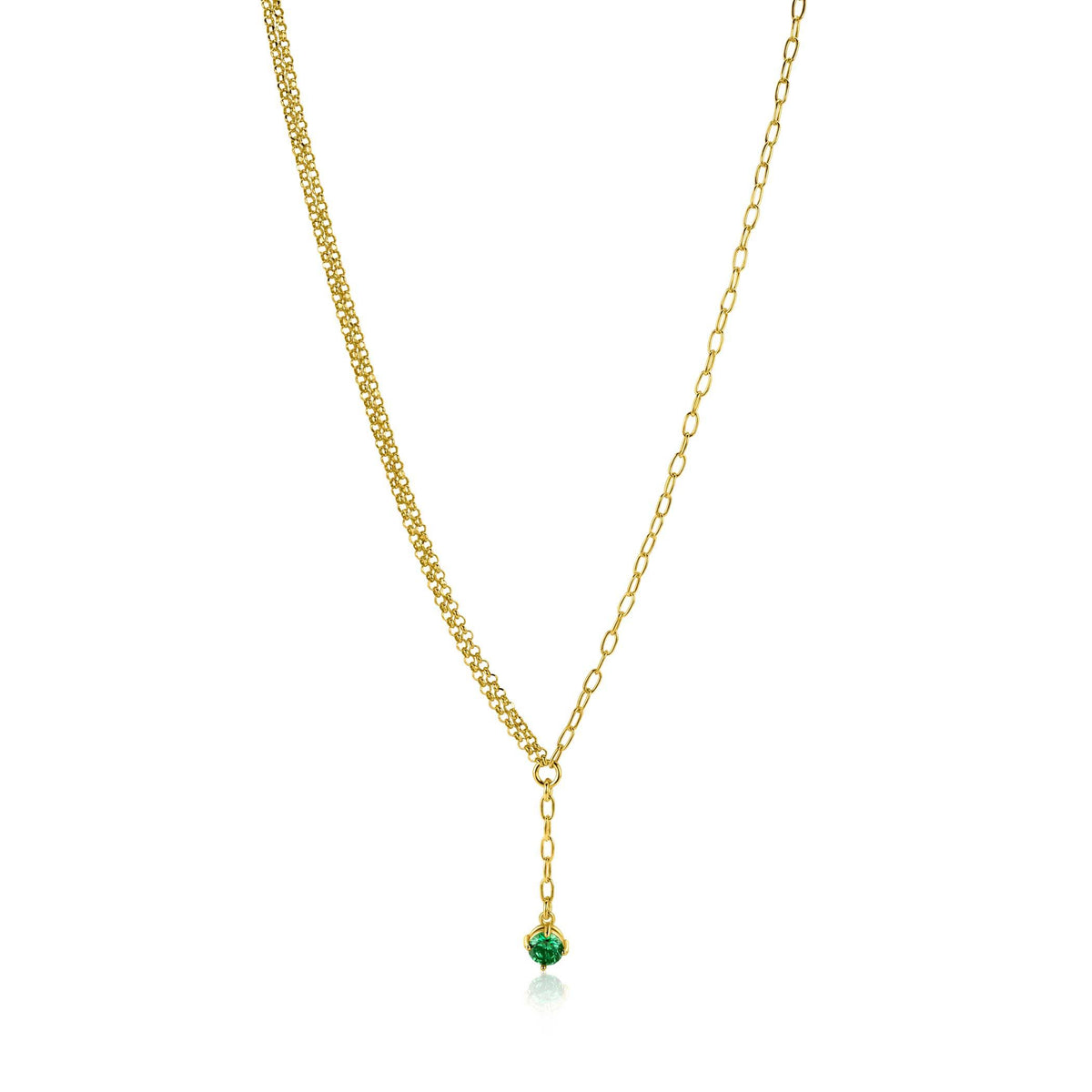 Gouden ketting met een fijne schakel en een hangende groene edelsteen.