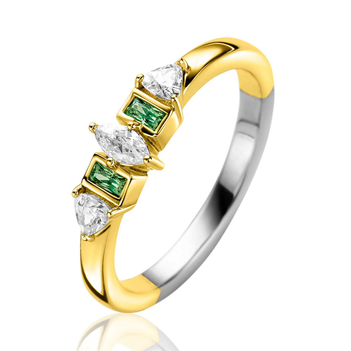 Bague en argent avec des pierres vertes et des zircons blancs.