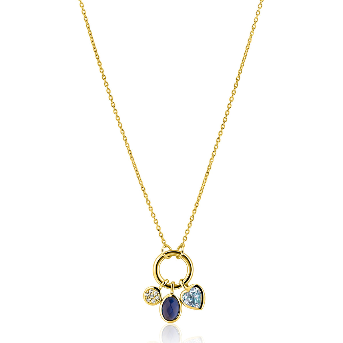 Collier doré avec pendentif composé de trois pierres colorées et une boucle.