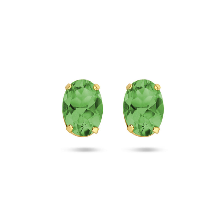 Een paar oorknoppen groen agaat 14K geelgoud van Van der Kooij Collectie, met ovale groene agaat gezet in geelgouden tanden, afgebeeld op een witte achtergrond.