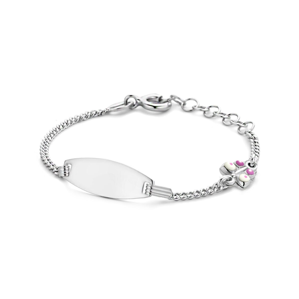 Bracelet en argent rhodié avec plaque gravable de 6,5 mm et motif de papillon.
