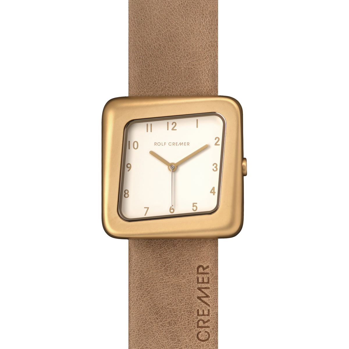Montre carrée dorée avec cadran blanc et bracelet en cuir beige.