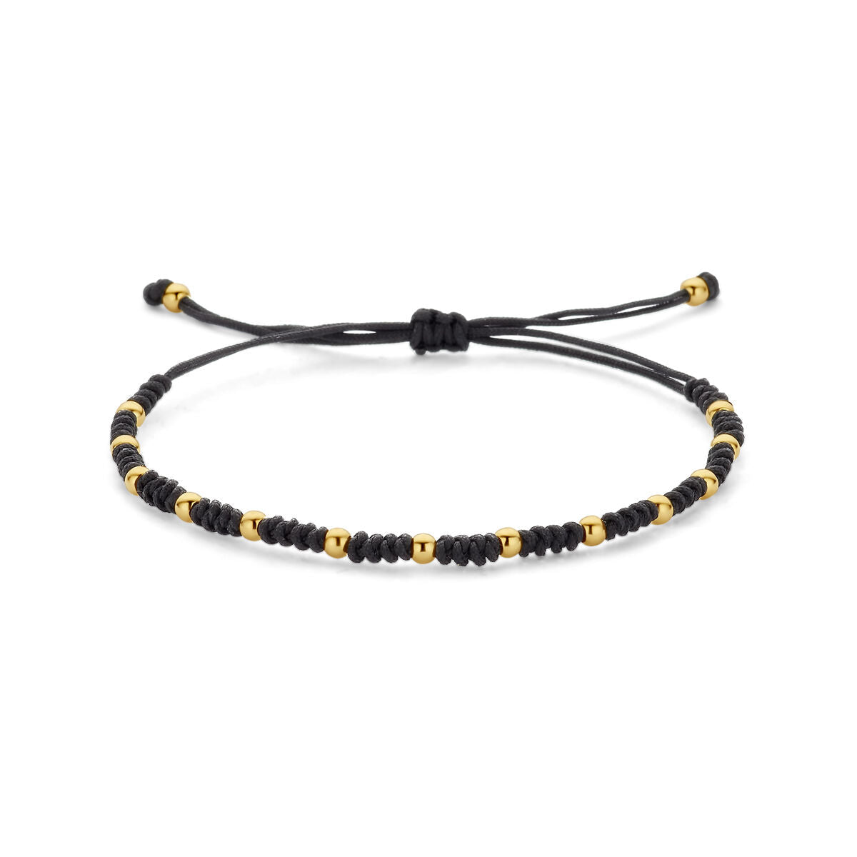 Bracelet en nylon noir avec des perles dorées en or 14K, ajustable de 13 à 26 cm.