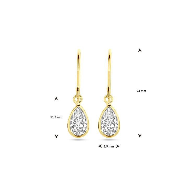 Van der Kooij Collectie oorhangers franse haak zirkonia 23 mm, 14K geelgoud; druppelvormig helder zirkoniasteen (11,5 mm hoog, 5,5 mm breed) - een luxe accessoire op een witte achtergrond.