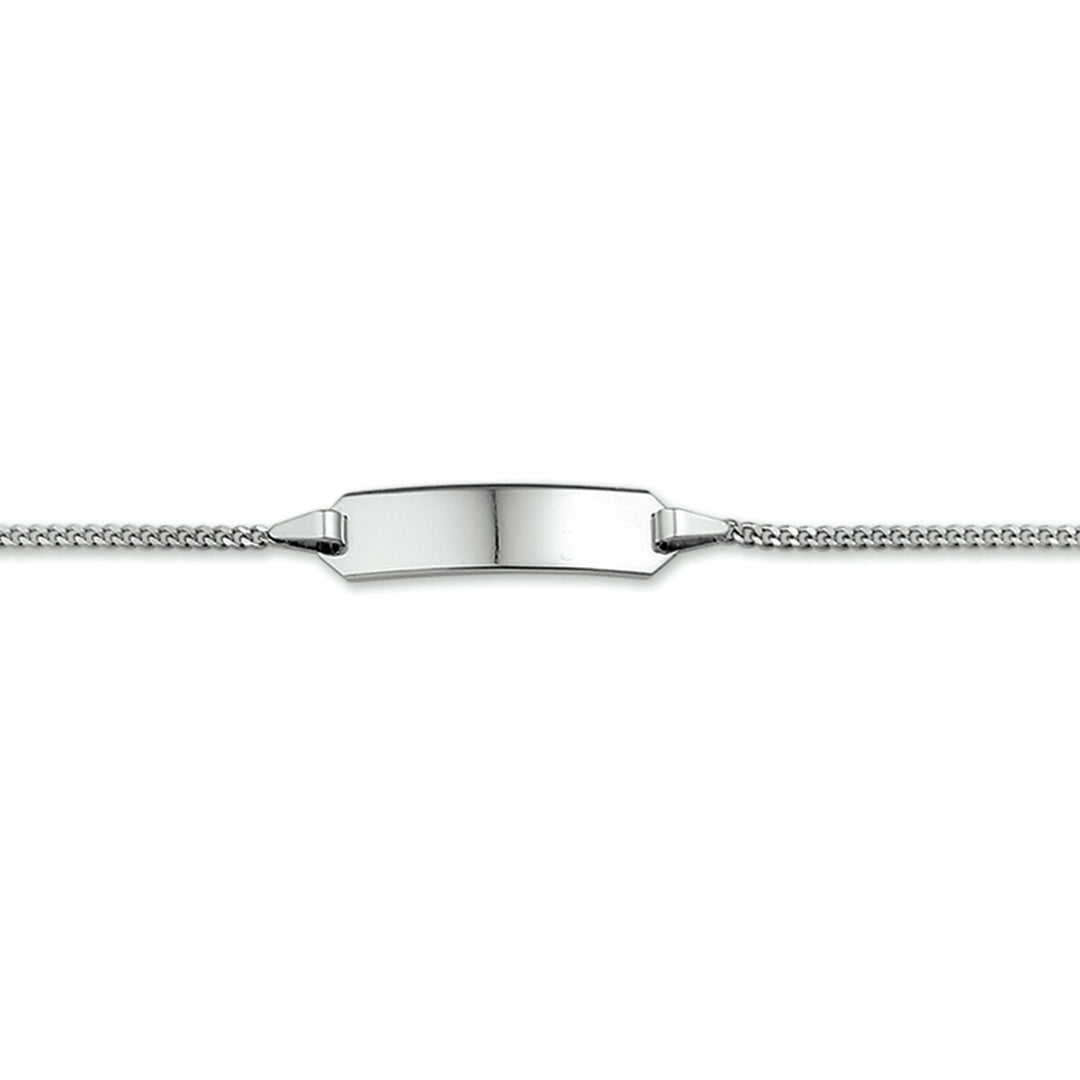 Unisex kinderarmband van de Van der Kooij Collectie, met een 5,0 mm geslepen gourmetteplaat voor graveren in 14K witgoud, verbonden aan een slanke ketting.