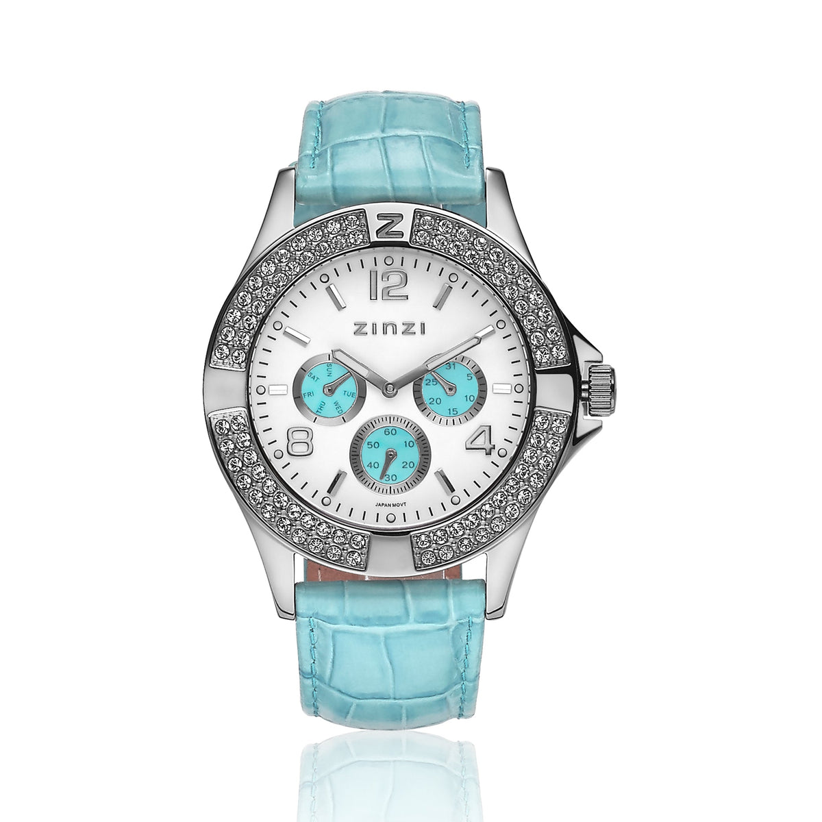Montre en acier argenté avec cadran blanc, détails turquoise et bracelet en cuir bleu clair.