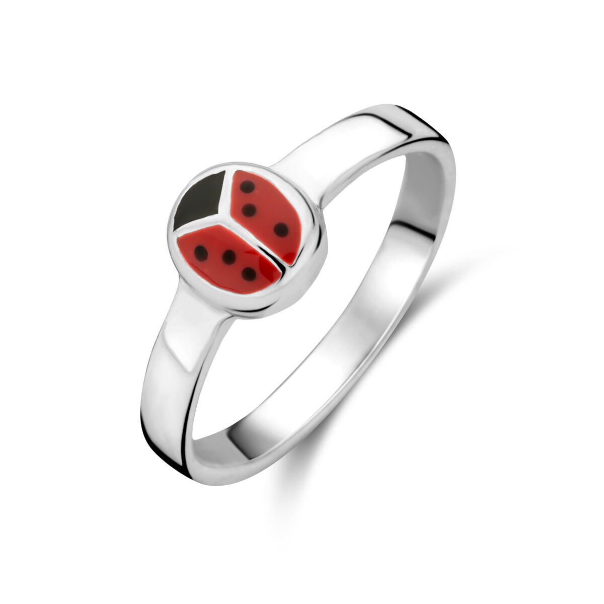 bague argentée avec un motif de coccinelle rouge et noire