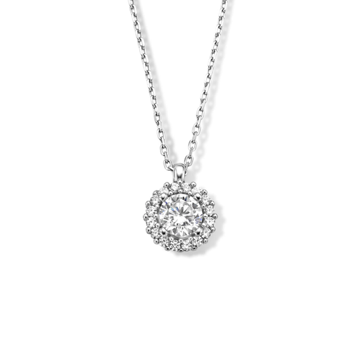 Collier en argent rhodié avec pendentif halo en zirconia, longueur de 41 + 4 cm.