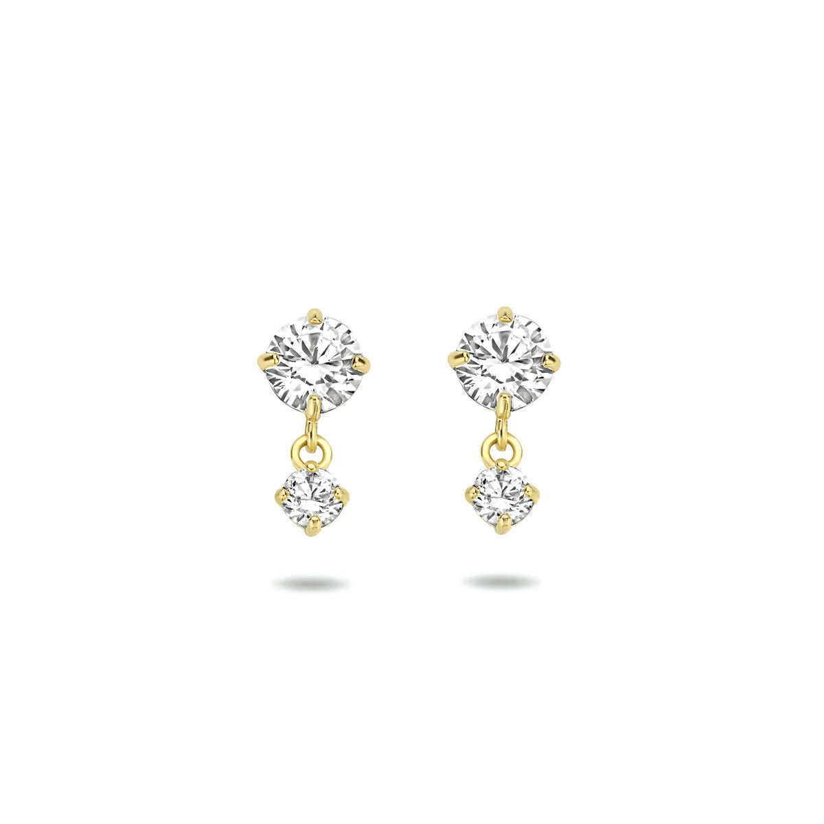 Boucles d'oreilles en or jaune 14K avec zircones, ornées de pierres brillantes en forme de rond et de losange.