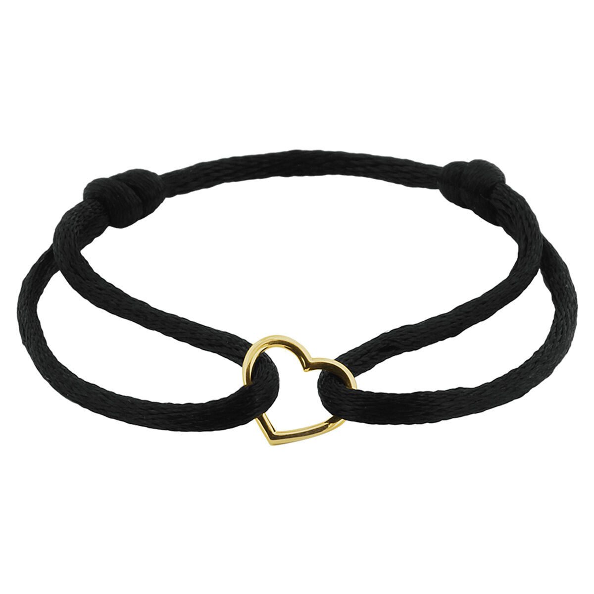Bracelet en satin noir avec un cœur en or 14K, détails en caoutchouc et nylon.