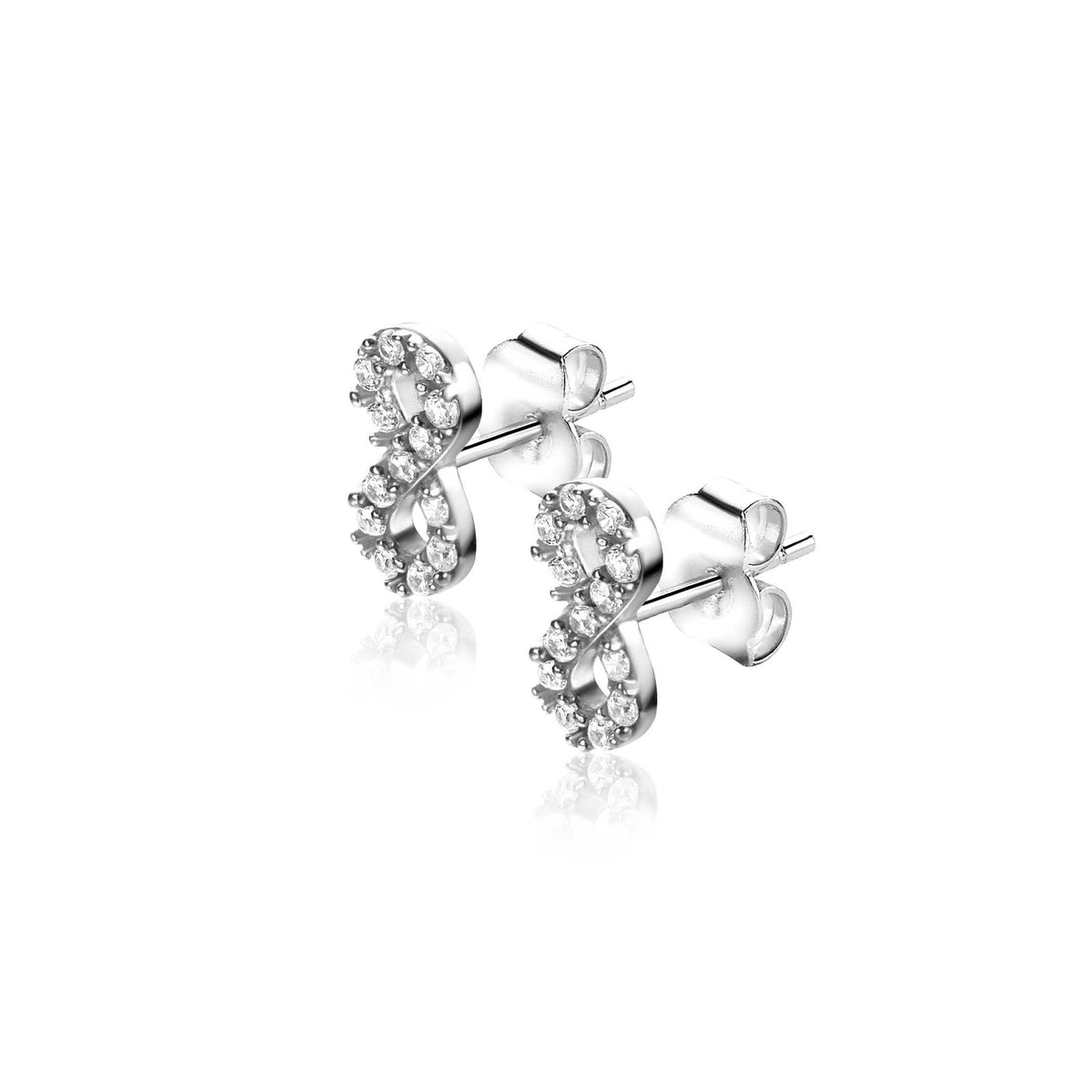 Boucles d'oreilles en argent avec des pierres brillantes en forme de nœud.