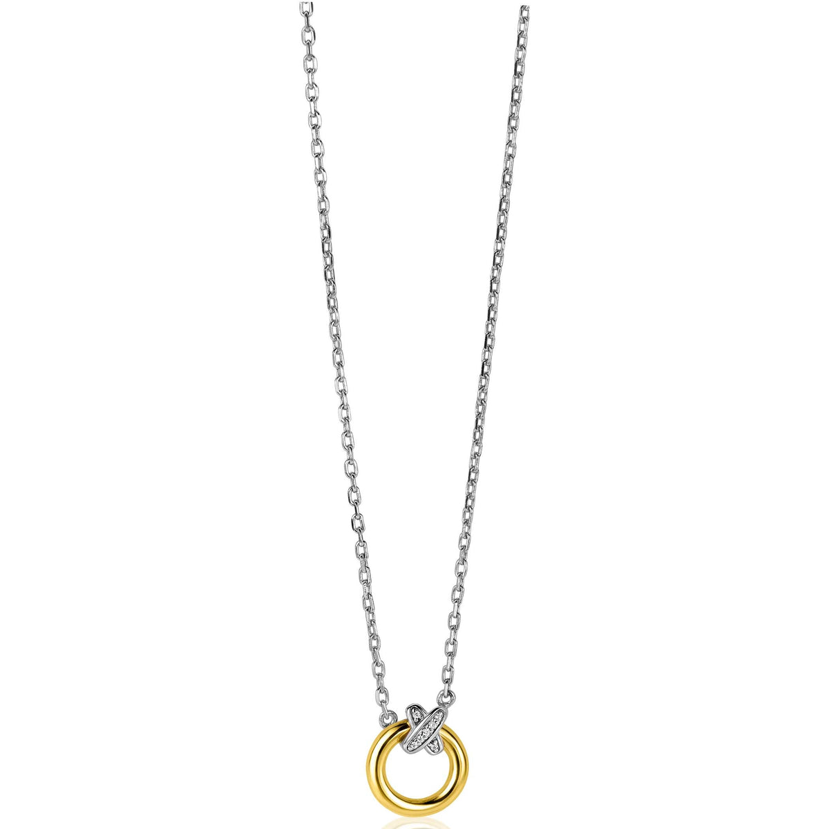 Collier en argent avec un pendentif en or, composé de deux anneaux entrelacés.