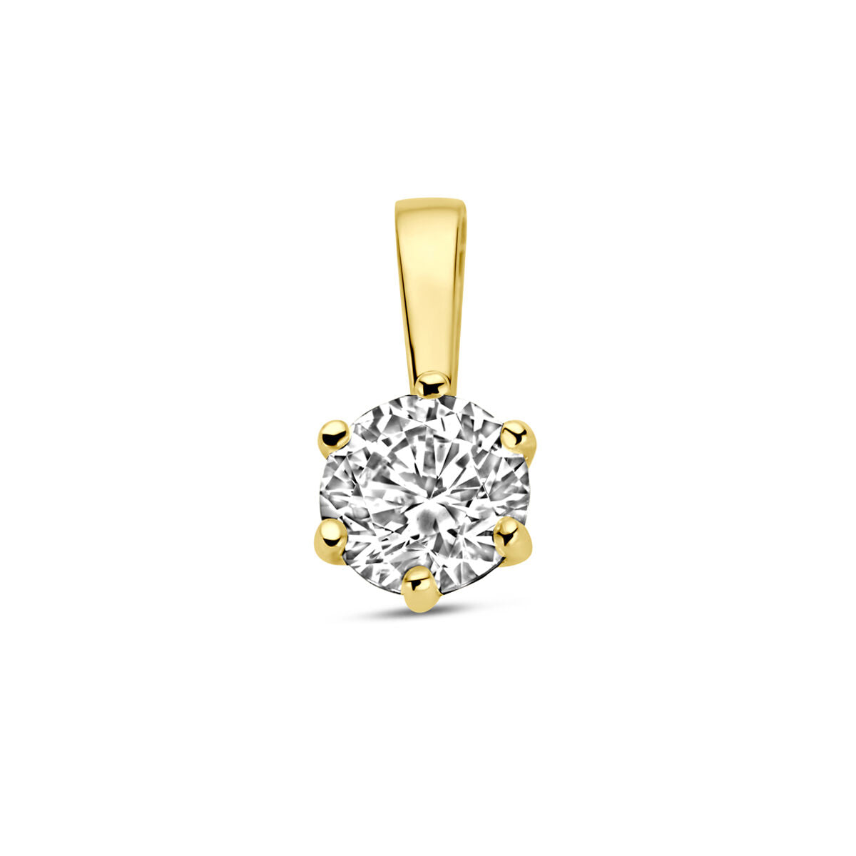 pendentif en or jaune 14K avec zirconia, forme ronde, serti de six griffes.