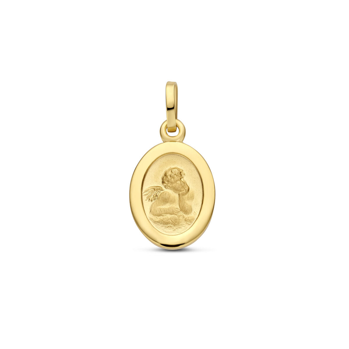 Pendentif ovale en or jaune 14 carats avec une finition polie et mate, représentant un ange.