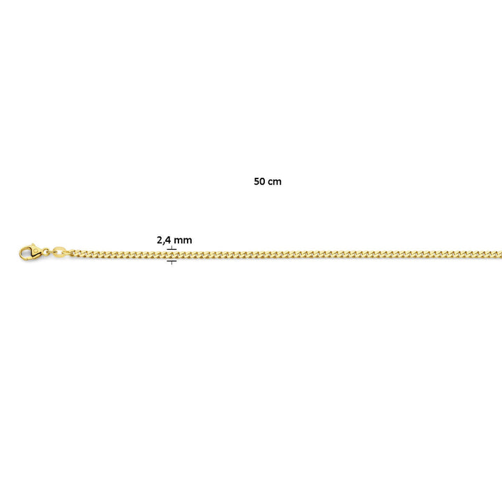 Van der Kooij Collectie gourmette 4-zijdes geslepen heren ketting, massief 14K geelgoud, 50 cm lang en 2,4 mm breed; horizontaal afgebeeld met de sluiting links.
