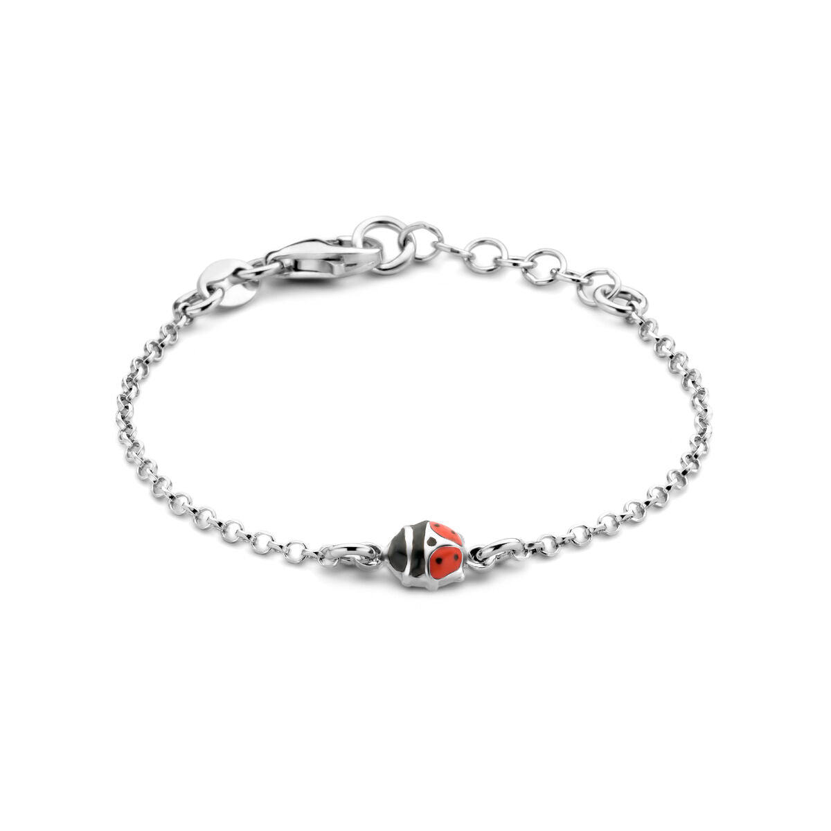 Bracelet en argent rhodié avec un motif de coccinelle coloré, longueur de 11 + 2 cm.